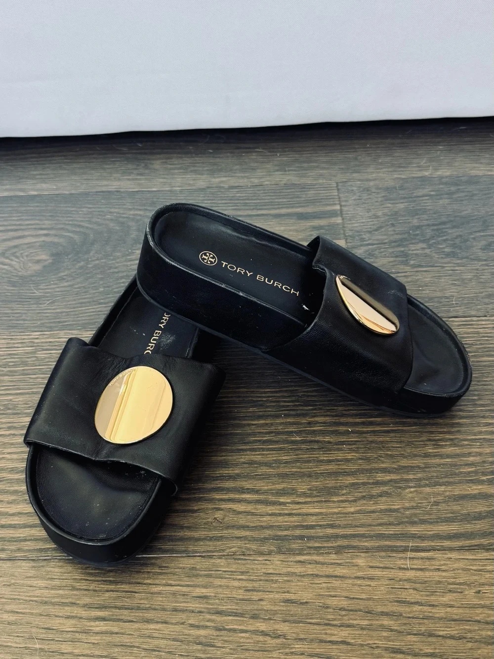 Tory Burch Black Leather Slide Sandals with Gold Medallions